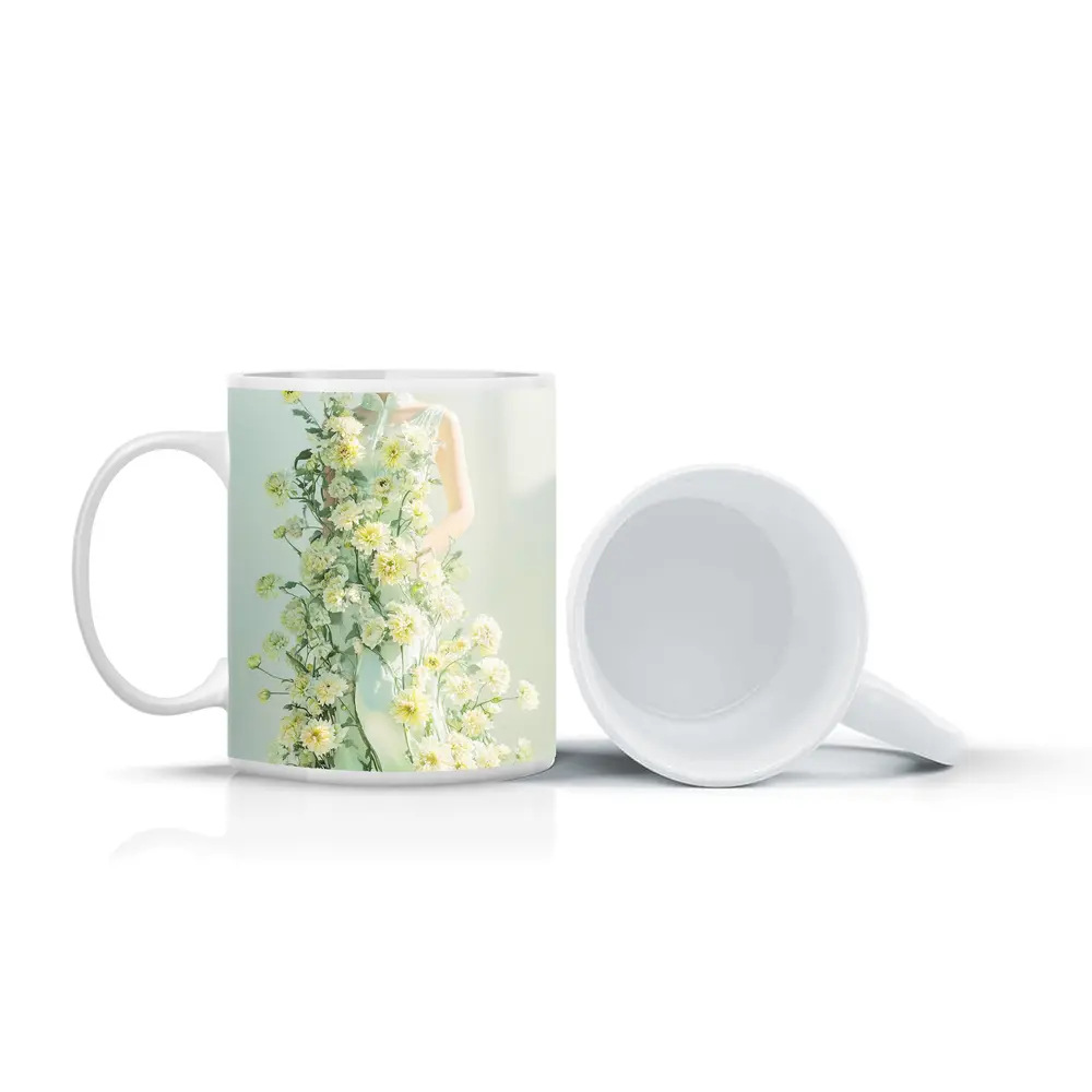 Asian Woman Green Dress White Flowers – Mugs