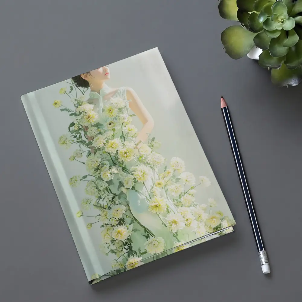 Asian Woman Green Dress White Flowers – Notebooks