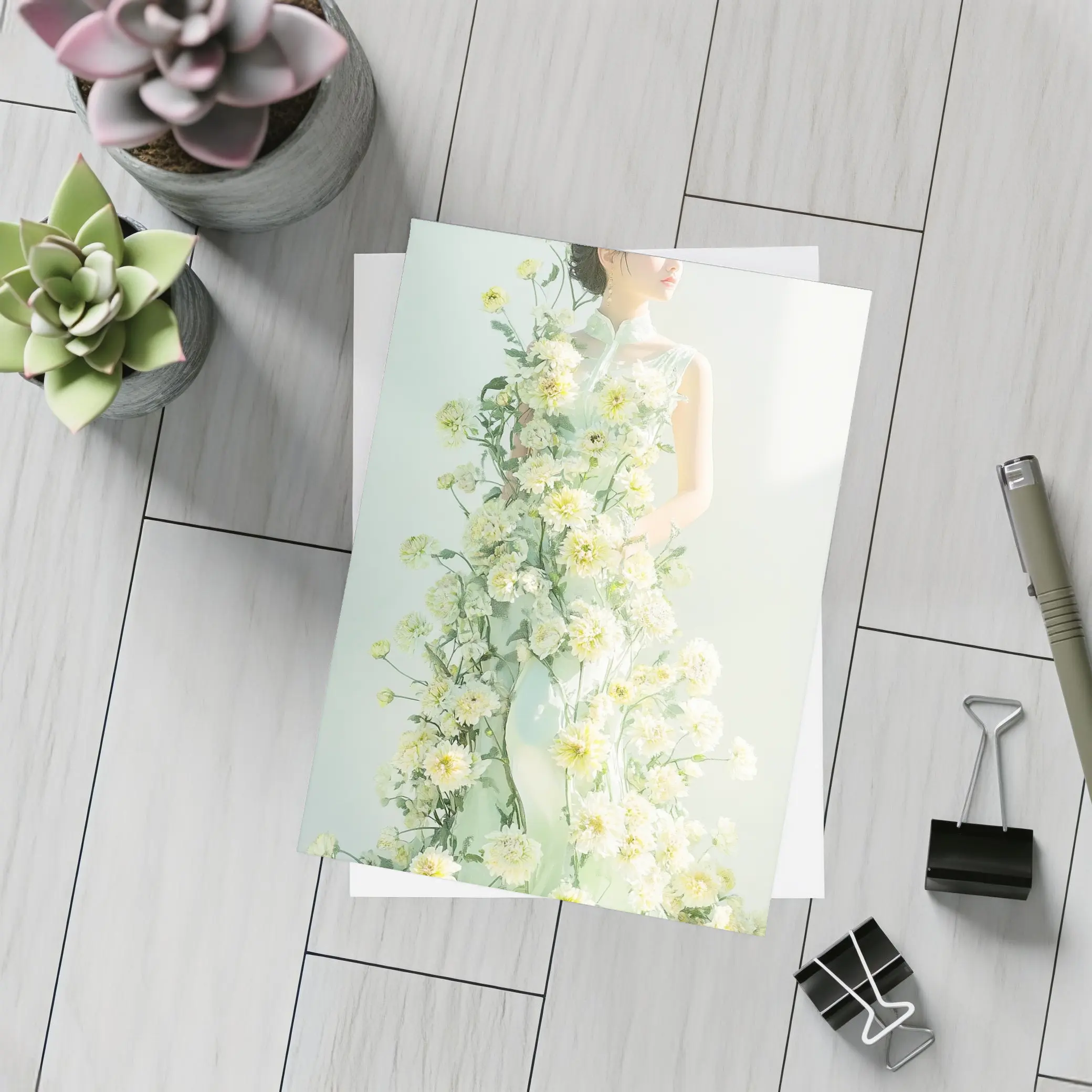 Asian Woman Green Dress White Flowers – Postcards