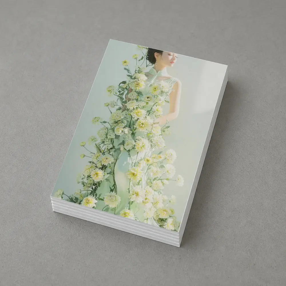 Asian Woman Green Dress White Flowers – Postcards
