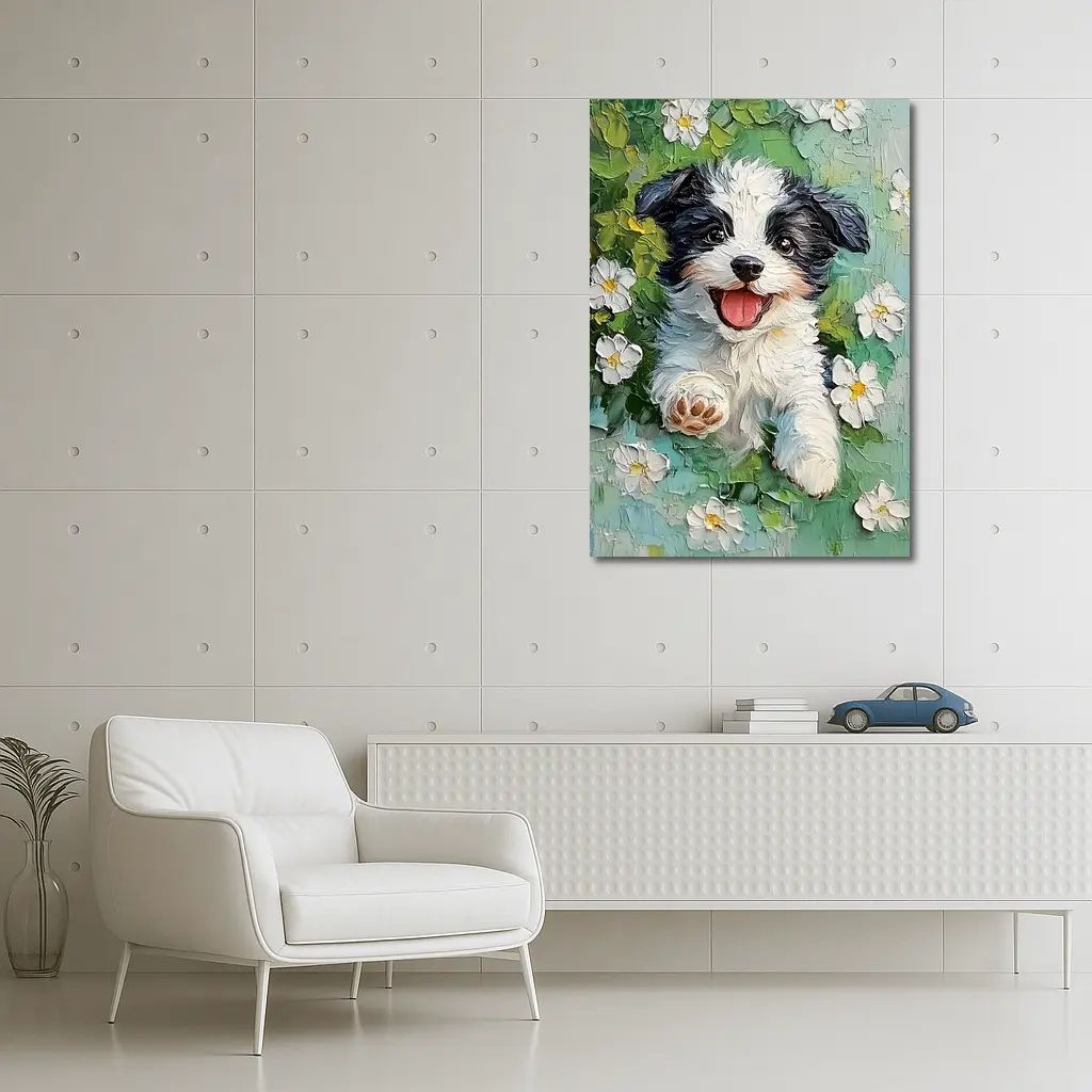 Happy Puppy Dog Oil Painting White Flowers – Wall Art