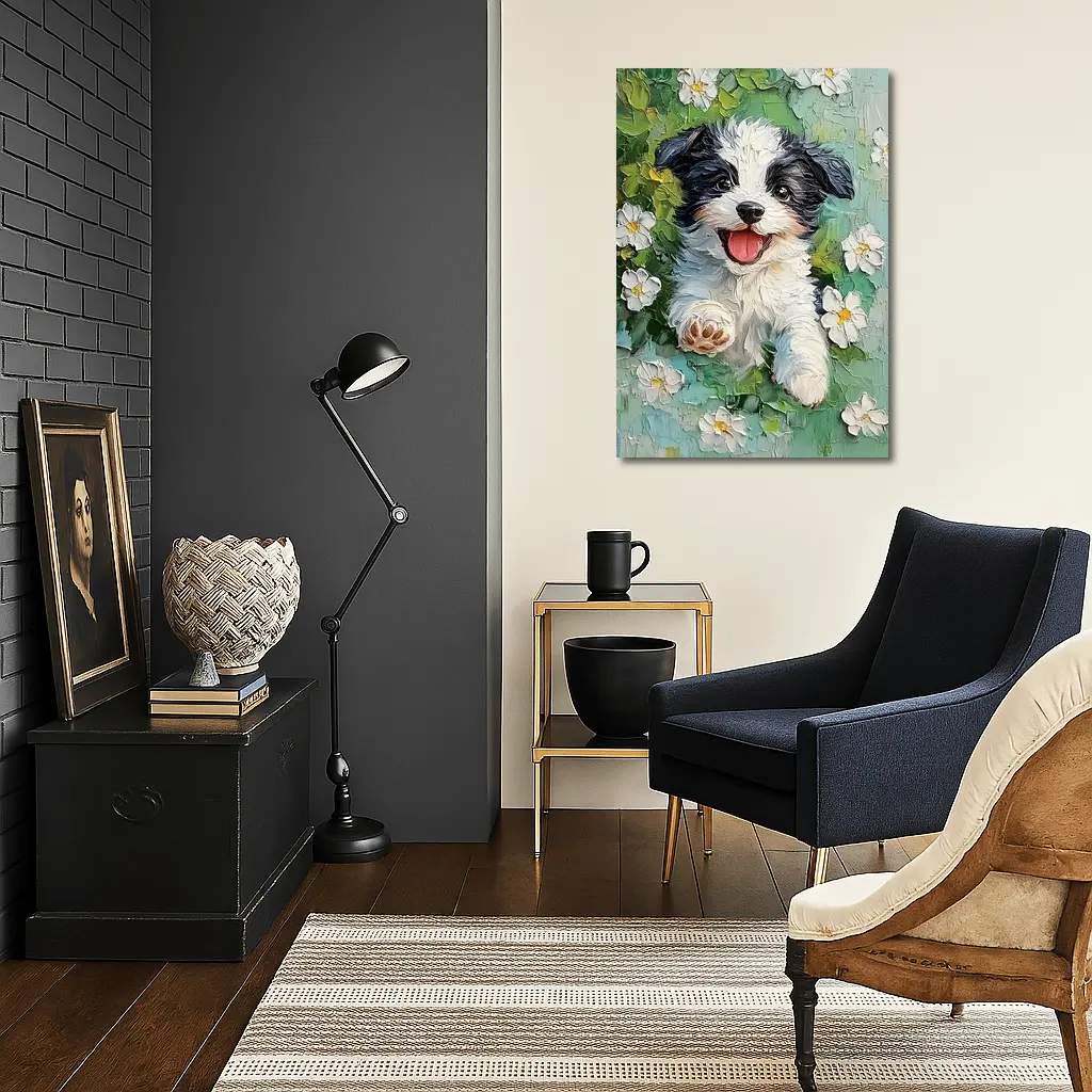Happy Puppy Dog Oil Painting White Flowers – Wall Art