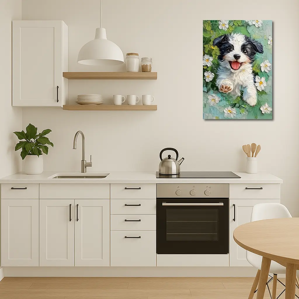 Happy Puppy Dog Oil Painting White Flowers – Wall Art