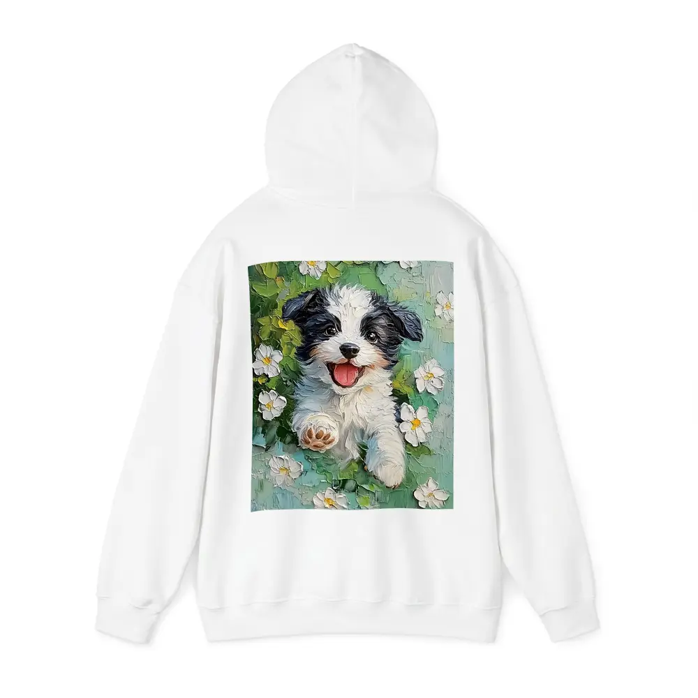 Happy Puppy Dog Oil Painting White Flowers – Hoodies