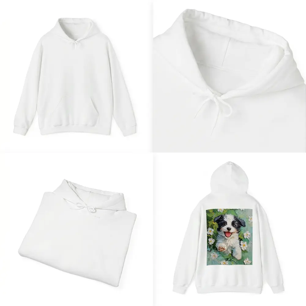 Happy Puppy Dog Oil Painting White Flowers – Hoodies