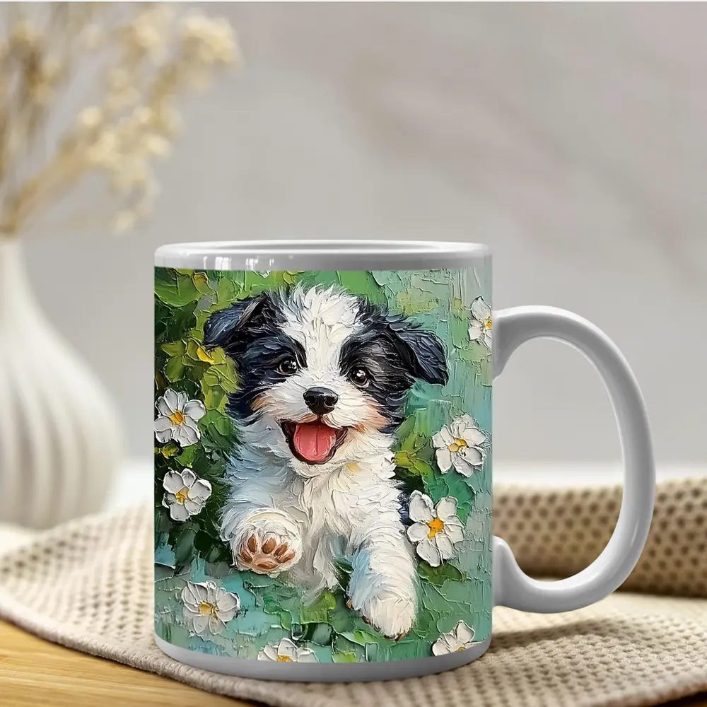 Happy Puppy Dog Oil Painting White Flowers – Mugs
