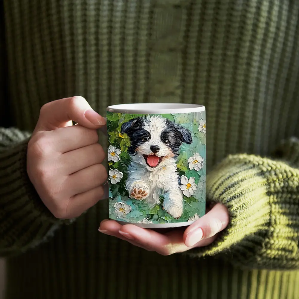 Happy Puppy Dog Oil Painting White Flowers – Mugs