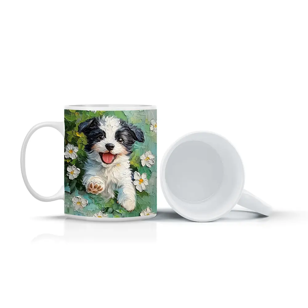 Happy Puppy Dog Oil Painting White Flowers – Mugs