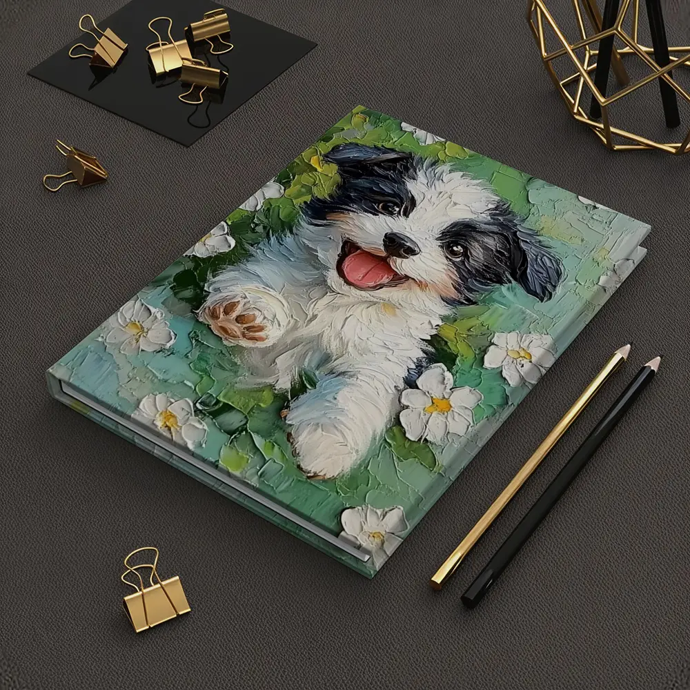 Happy Puppy Dog Oil Painting White Flowers – Notebooks
