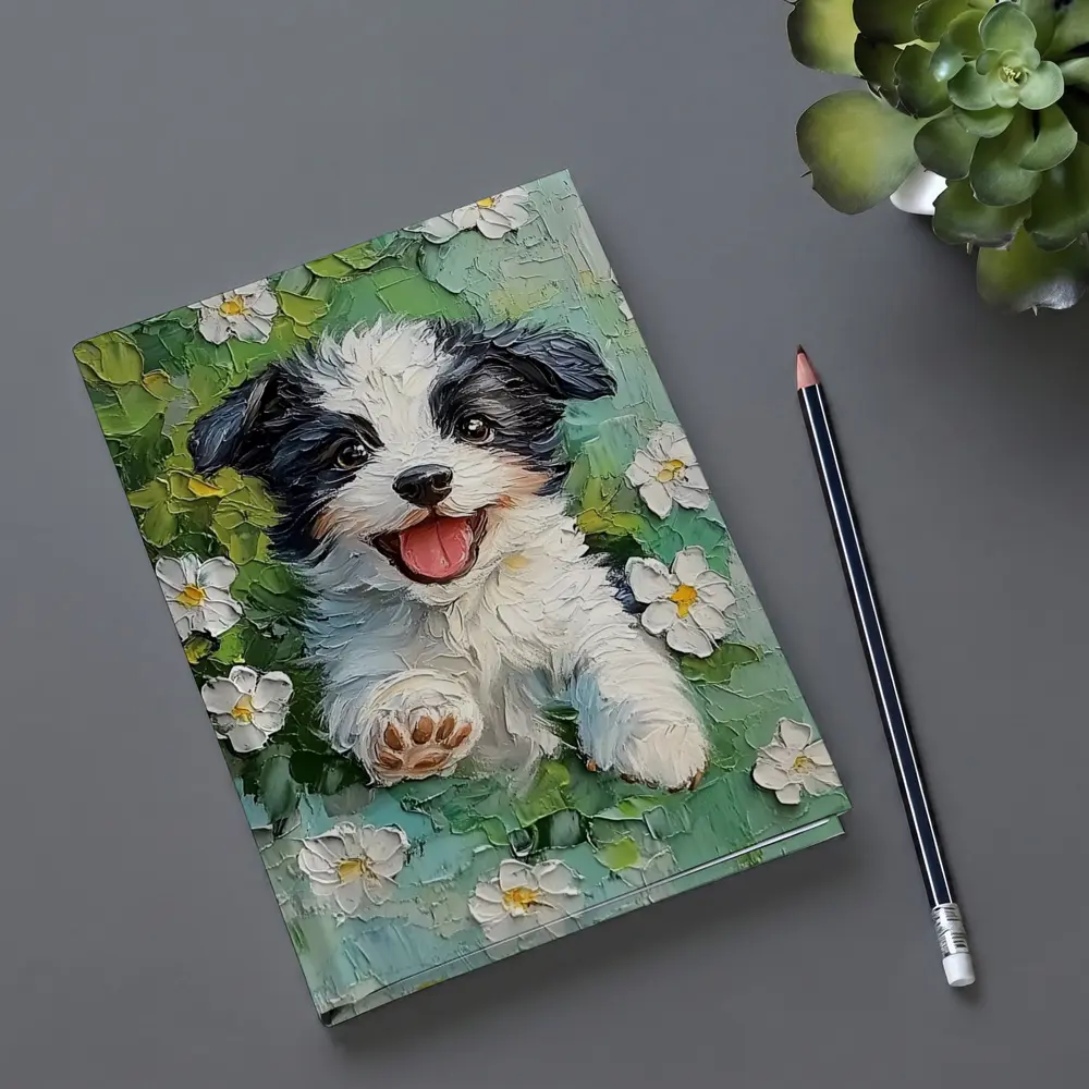 Happy Puppy Dog Oil Painting White Flowers – Notebooks