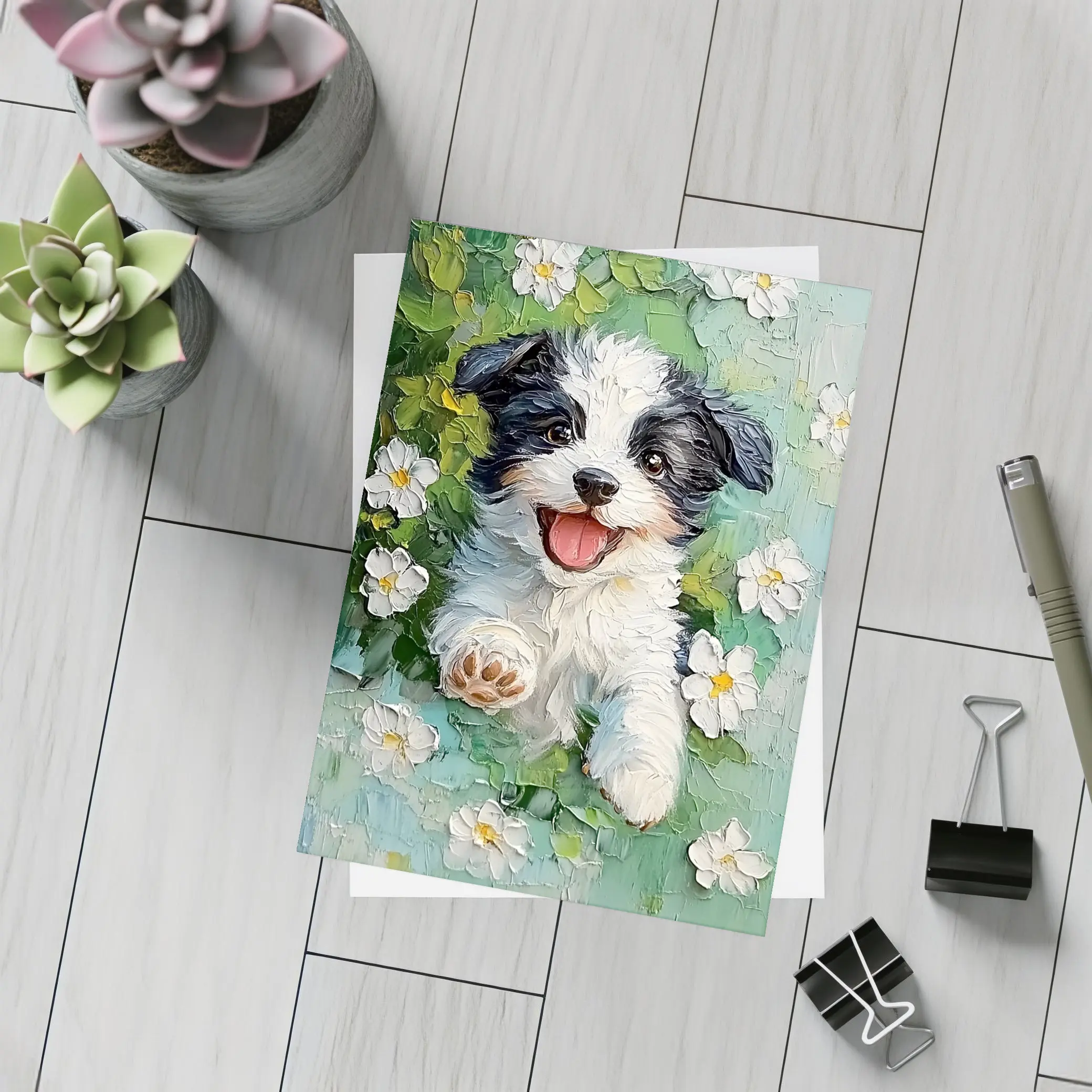 Happy Puppy Dog Oil Painting White Flowers – Postcards