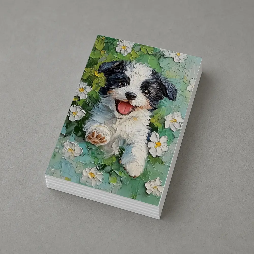 Happy Puppy Dog Oil Painting White Flowers – Postcards