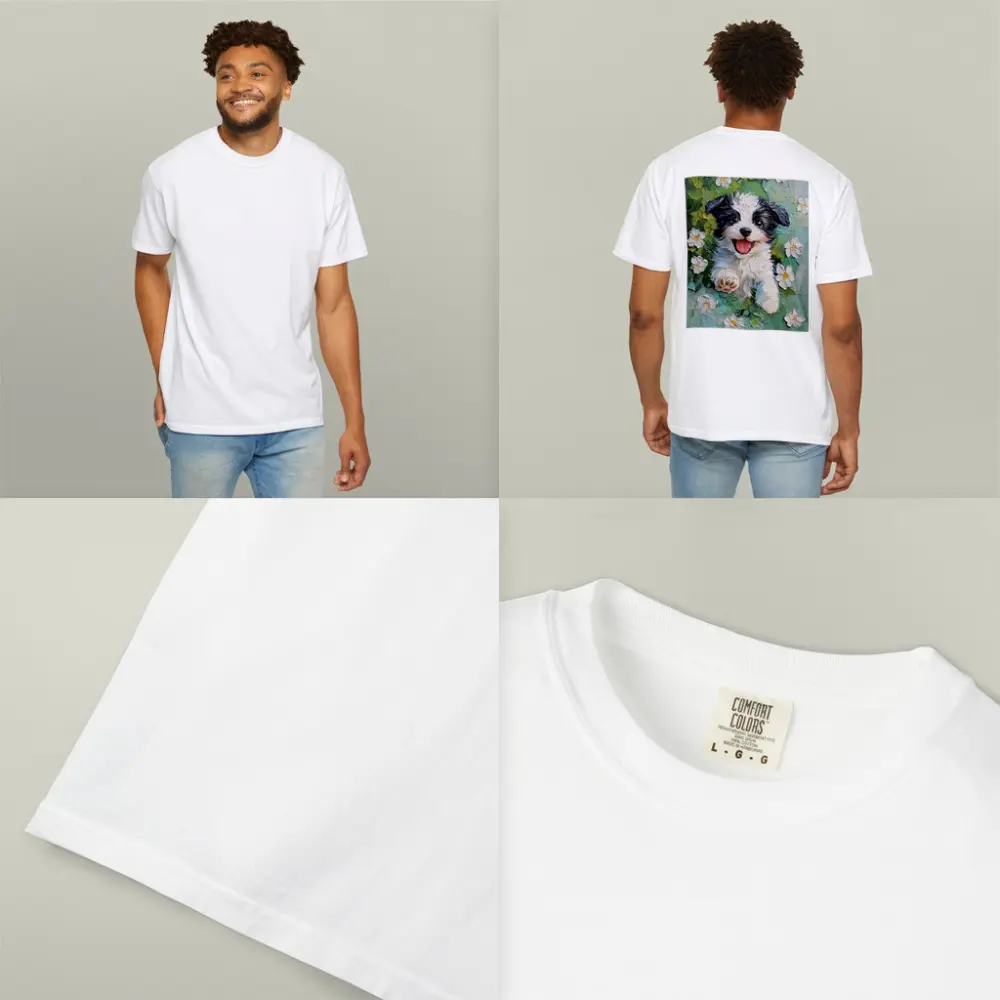 Happy Puppy Dog Oil Painting White Flowers – T-Shirts