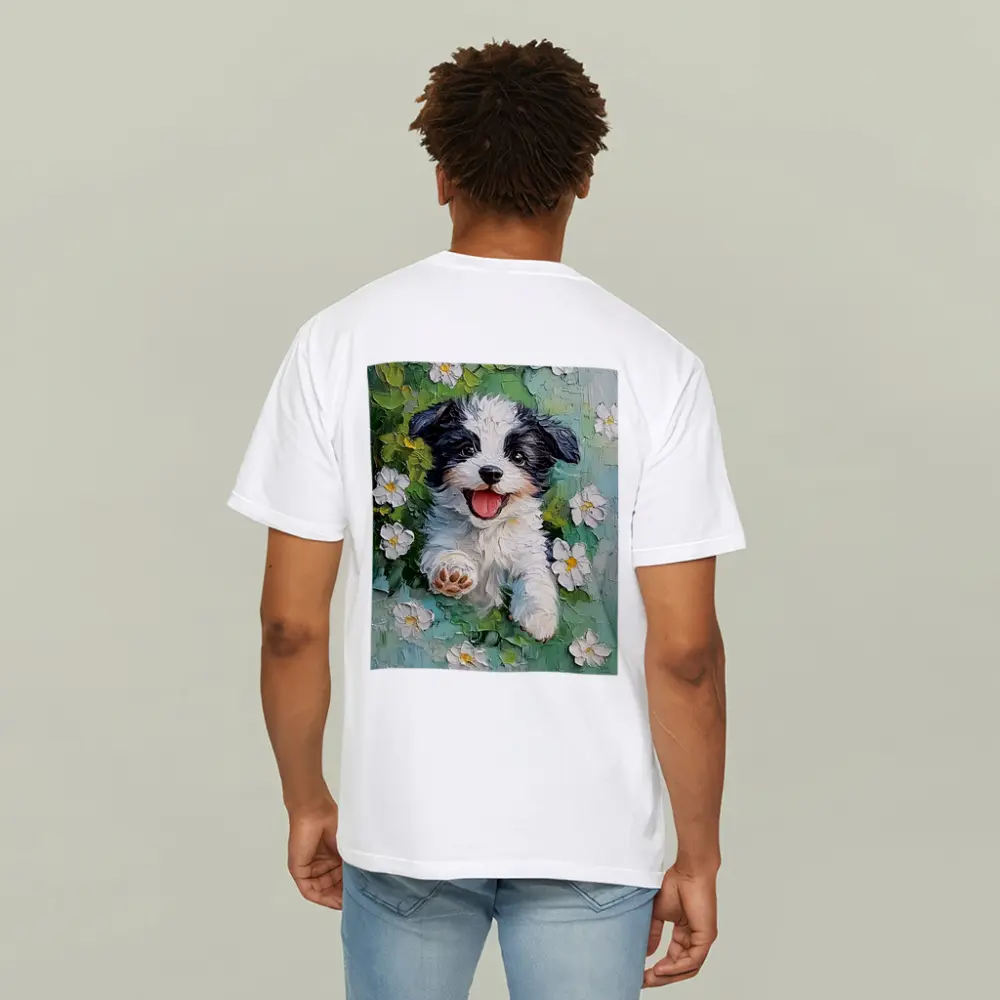 Happy Puppy Dog Oil Painting White Flowers – T-Shirts