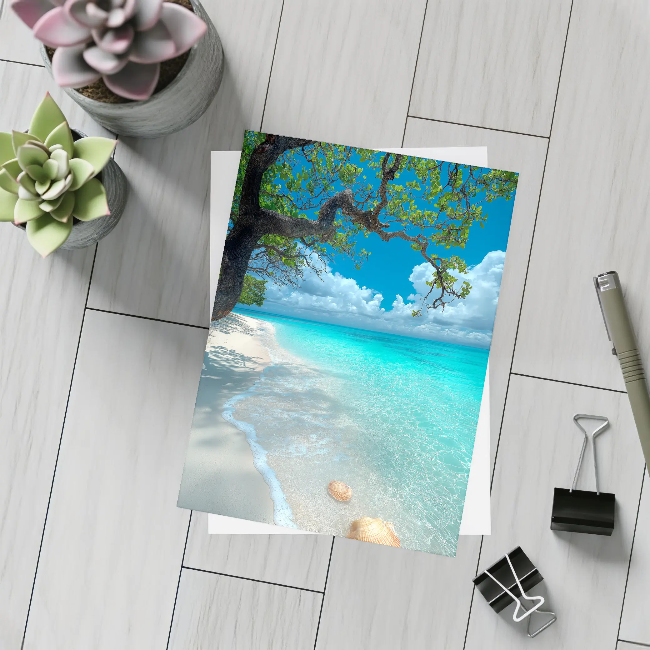 Tropical Beach Seashells Clear Turquoise Water Tree – Postcards