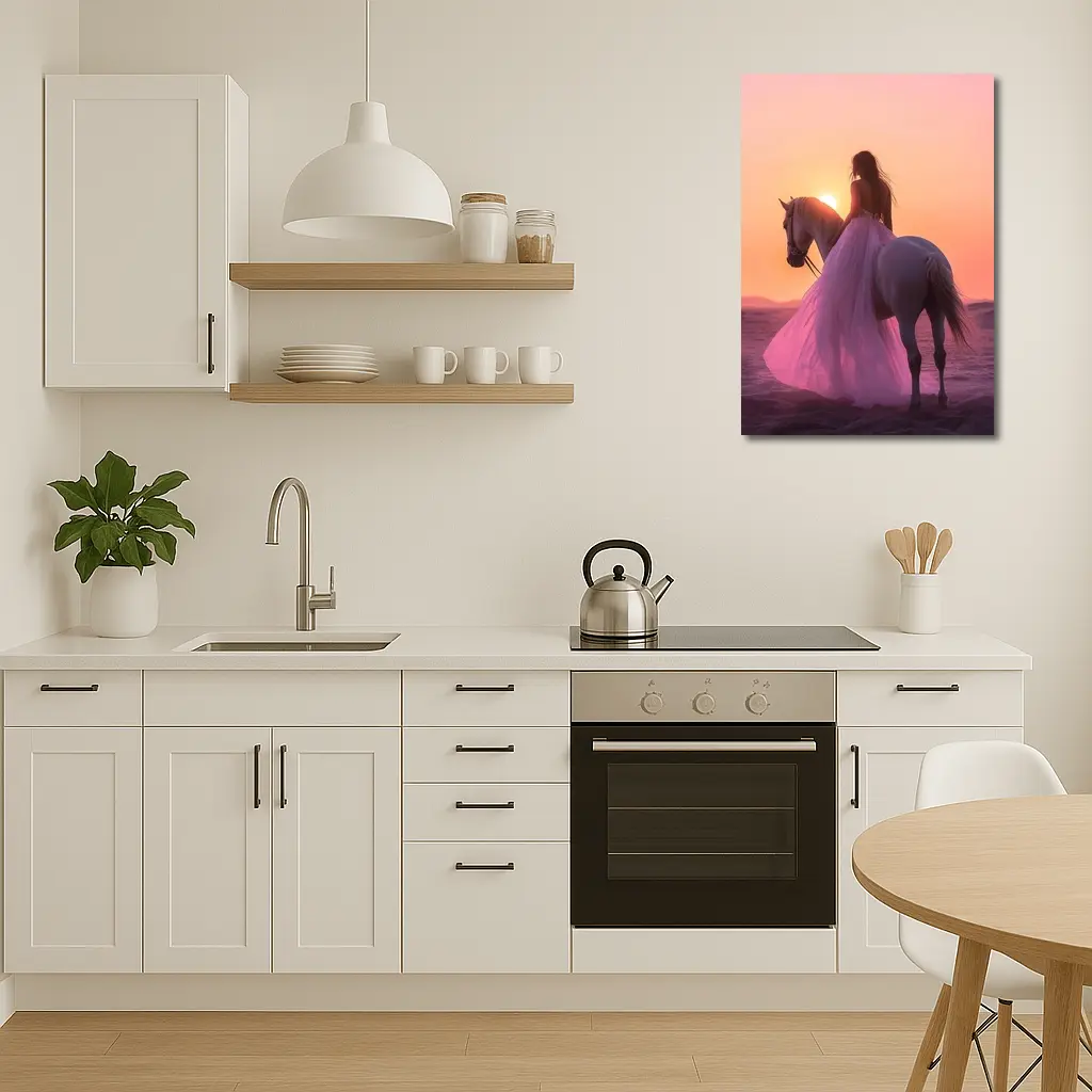 Woman on White Horse Desert Sunset – Wall Art