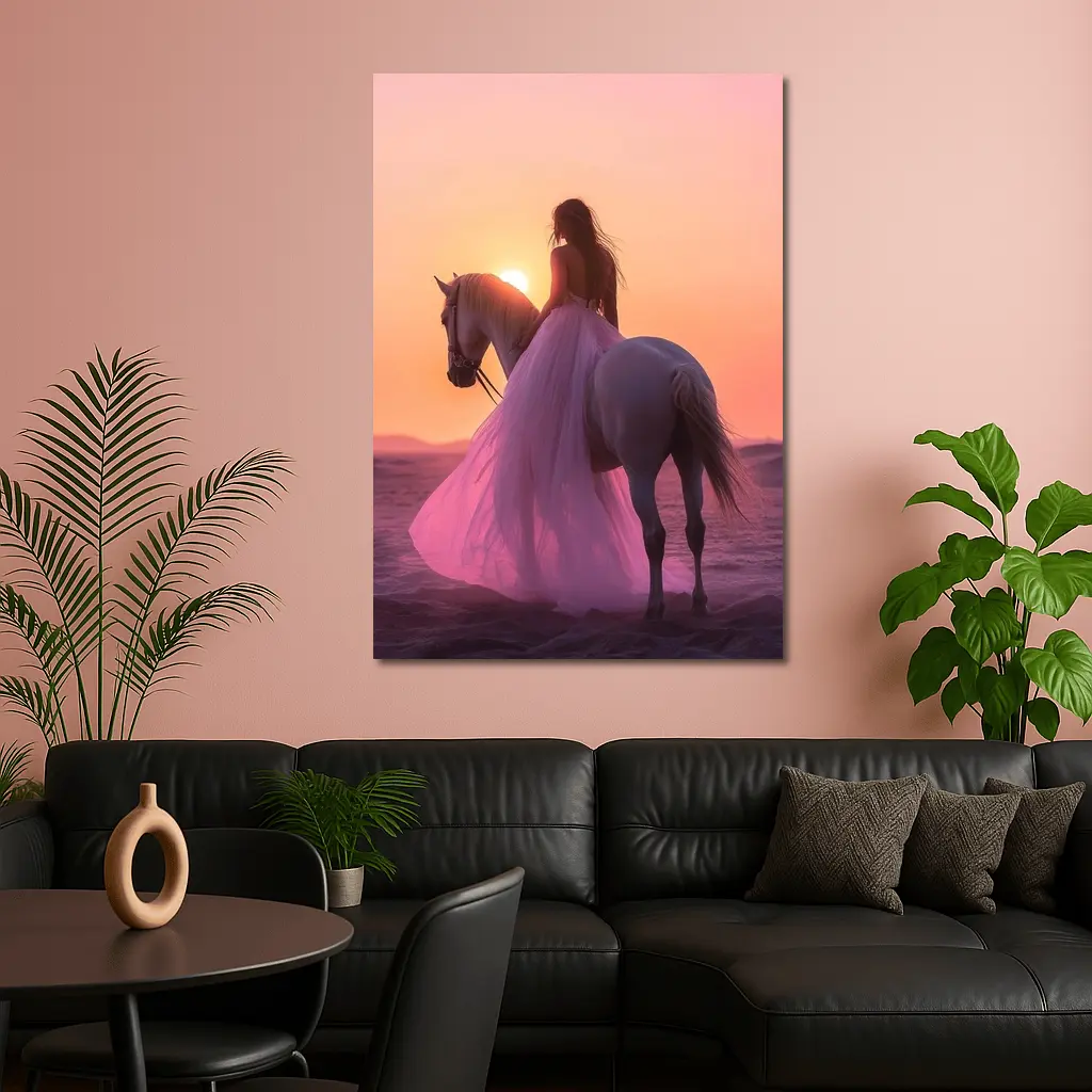 Woman on White Horse Desert Sunset – Wall Art