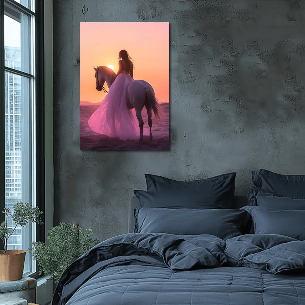 Woman on White Horse Desert Sunset – Wall Art