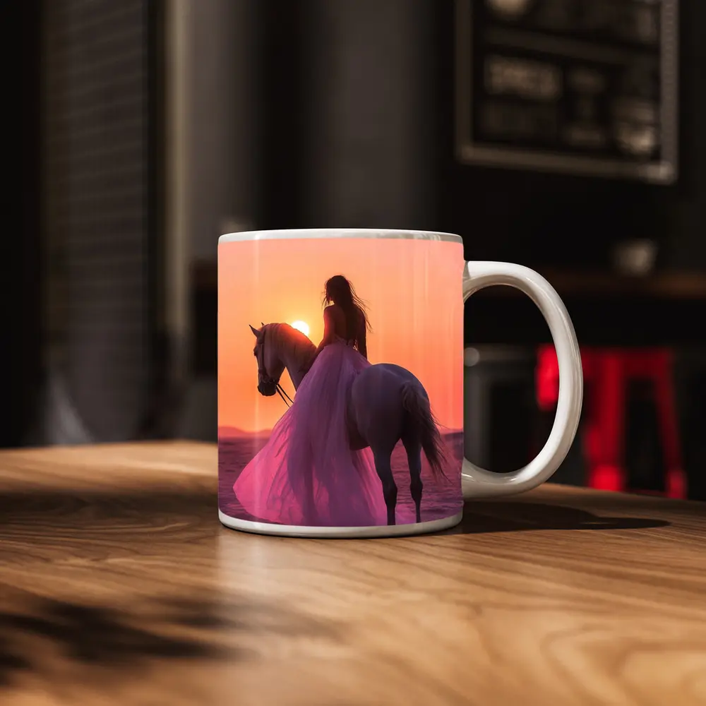 Woman on White Horse Desert Sunset – Mugs