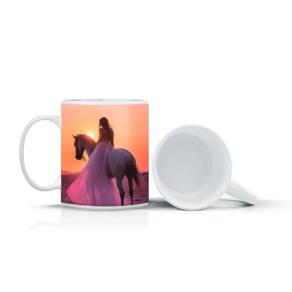 Woman on White Horse Desert Sunset – Mugs