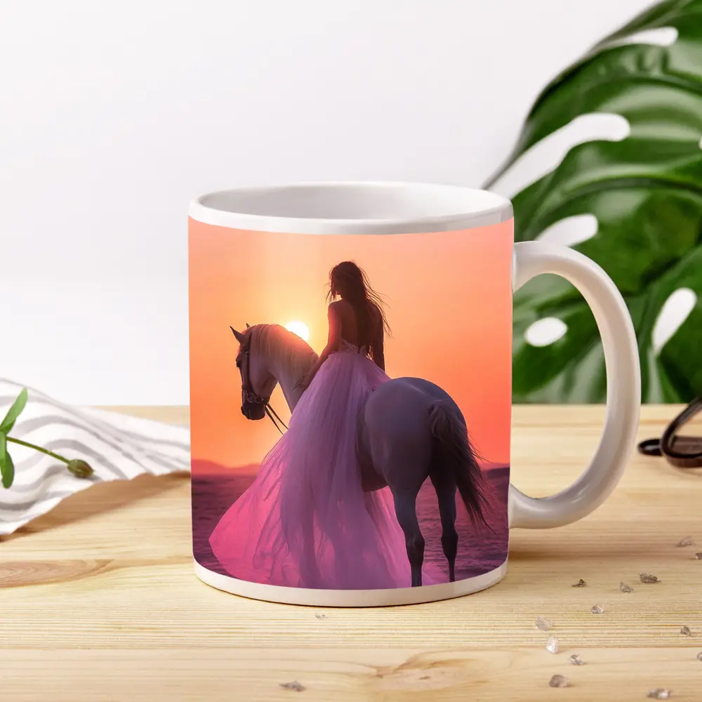 Woman on White Horse Desert Sunset – Mugs