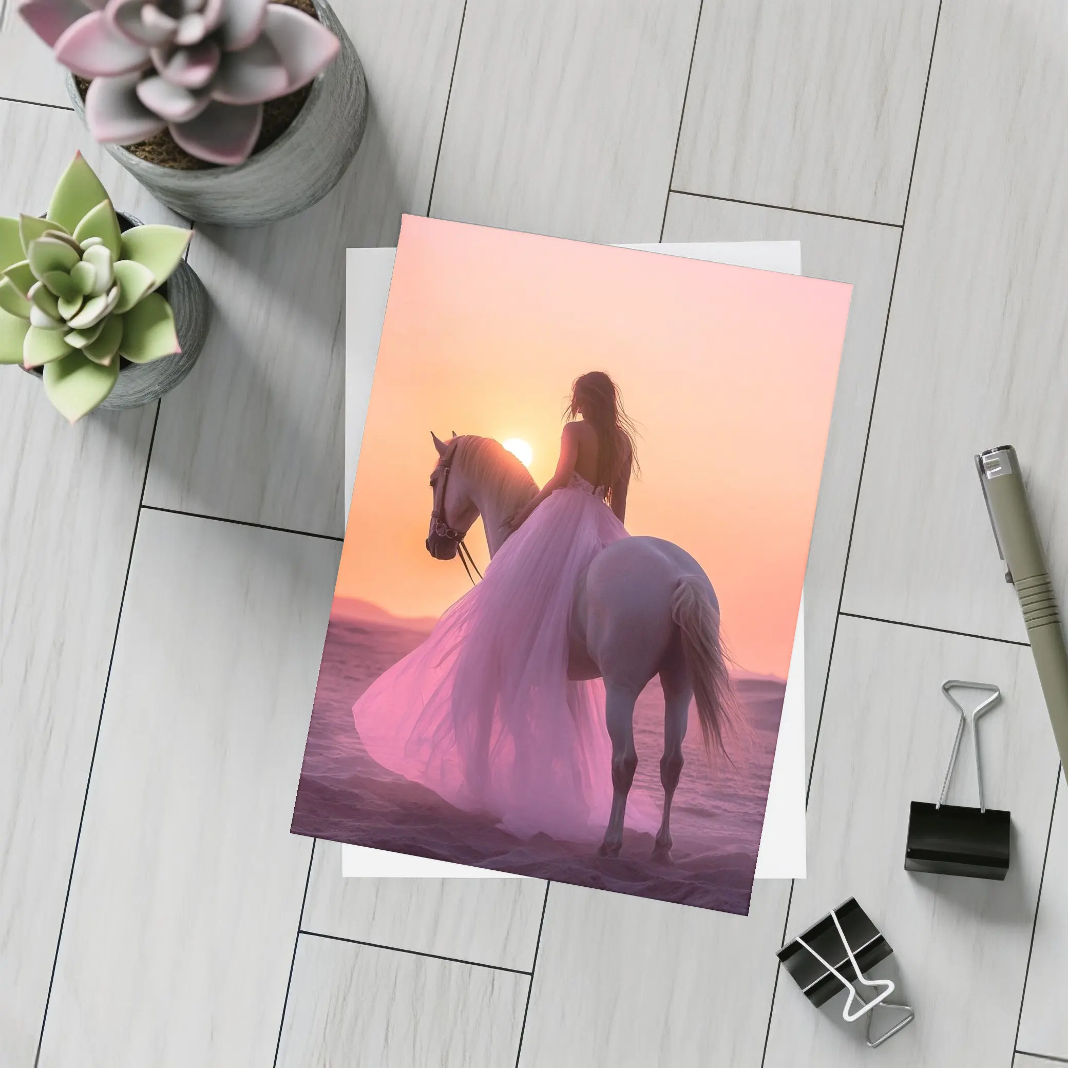 Woman on White Horse Desert Sunset – Postcards