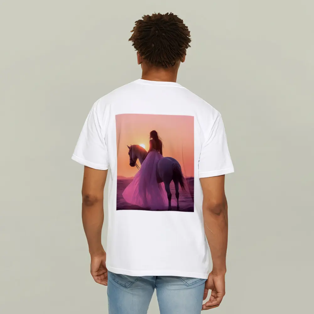 Woman on White Horse Desert Sunset – T-Shirts