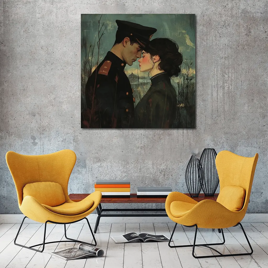 Soldier and Woman Romantic Moody Painting – Wall Art