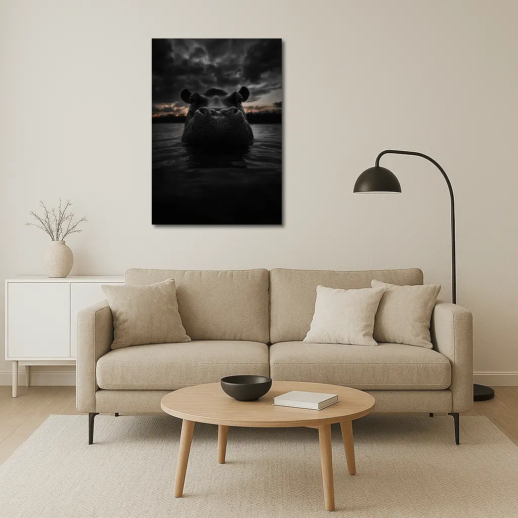 Hippo Rising From Dark Stormy Water – Wall Art