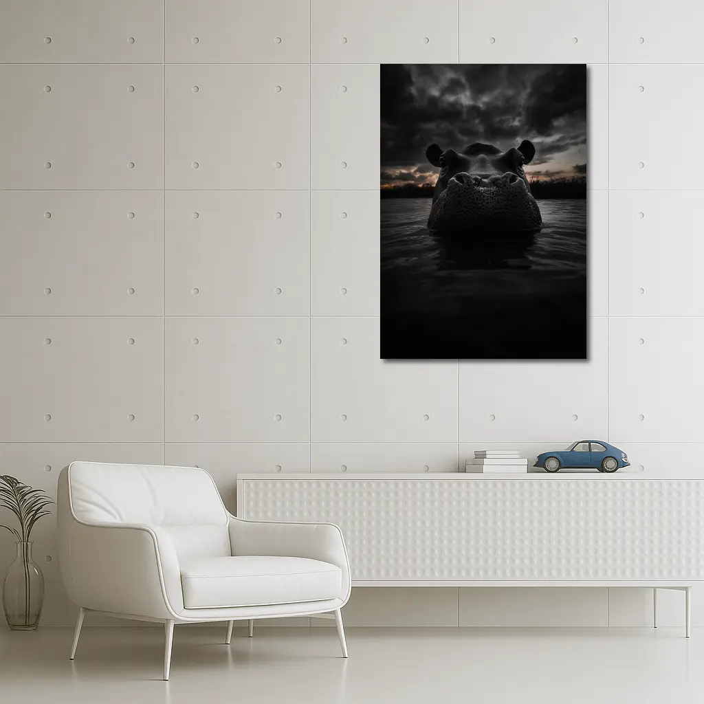 Hippo Rising From Dark Stormy Water – Wall Art