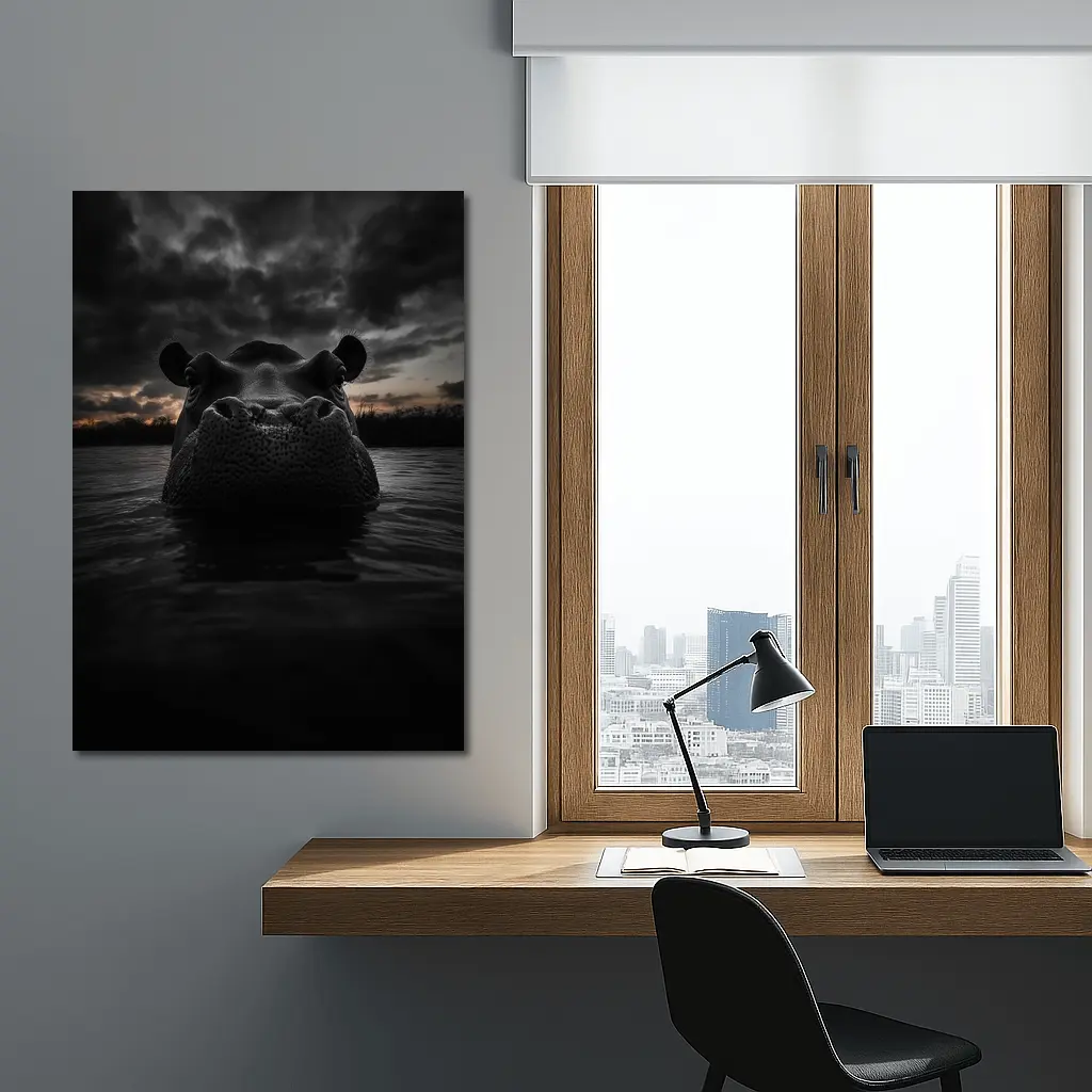 Hippo Rising From Dark Stormy Water – Wall Art