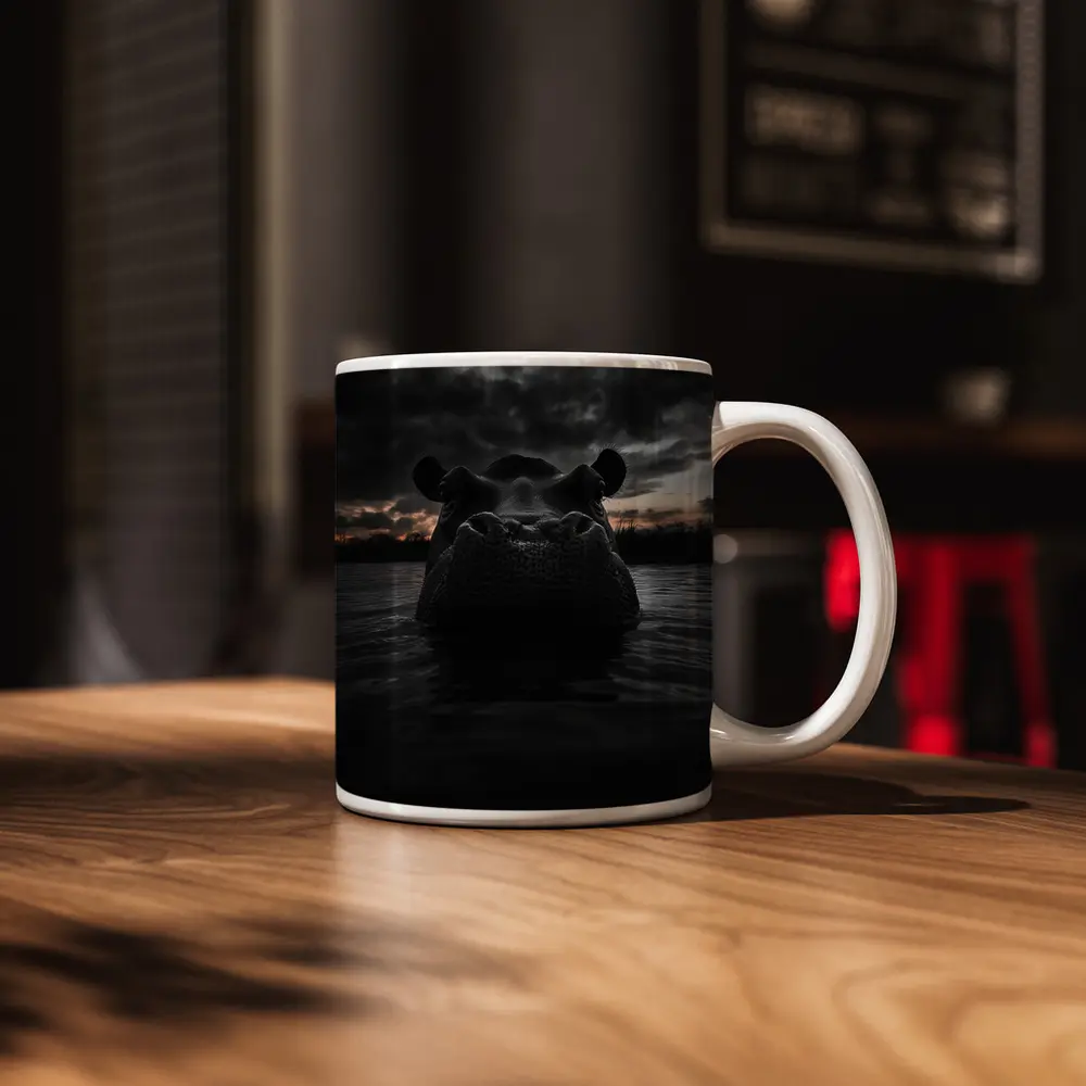 Hippo Rising From Dark Stormy Water – Mugs