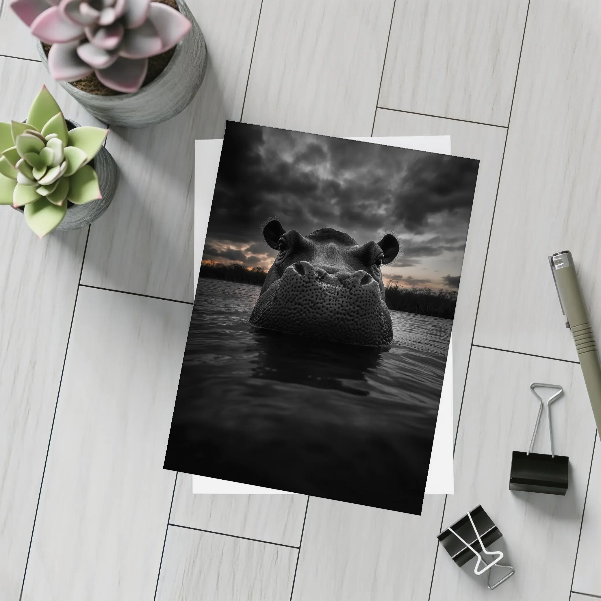 Hippo Rising From Dark Stormy Water – Postcards