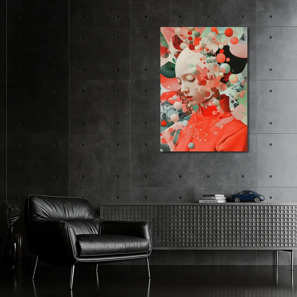 Surreal Woman Portrait Floating Coral Spheres – Wall Art