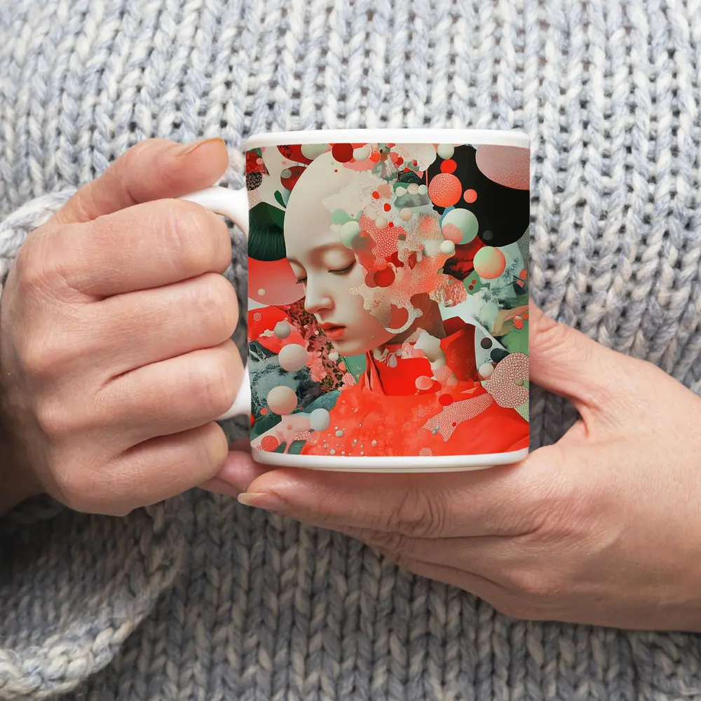 Surreal Woman Portrait Floating Coral Spheres – Mugs
