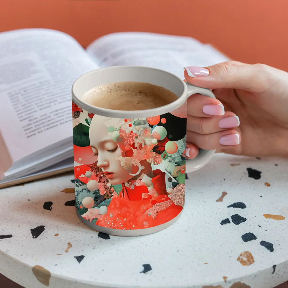 Surreal Woman Portrait Floating Coral Spheres – Mugs