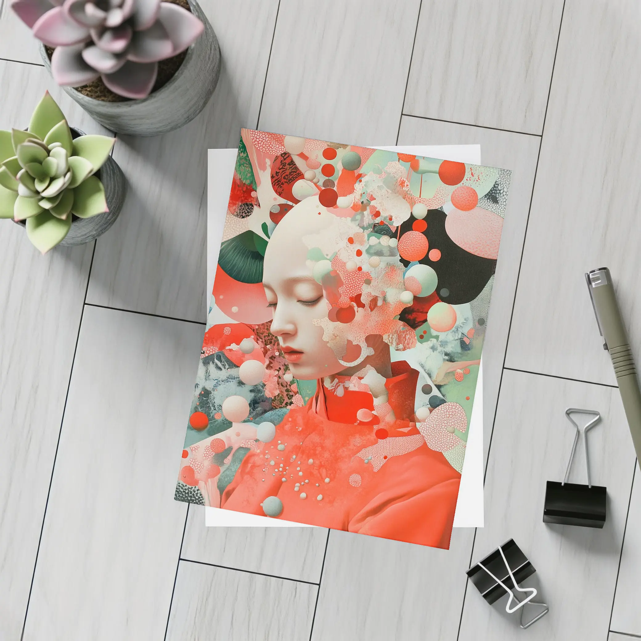 Surreal Woman Portrait Floating Coral Spheres – Postcards