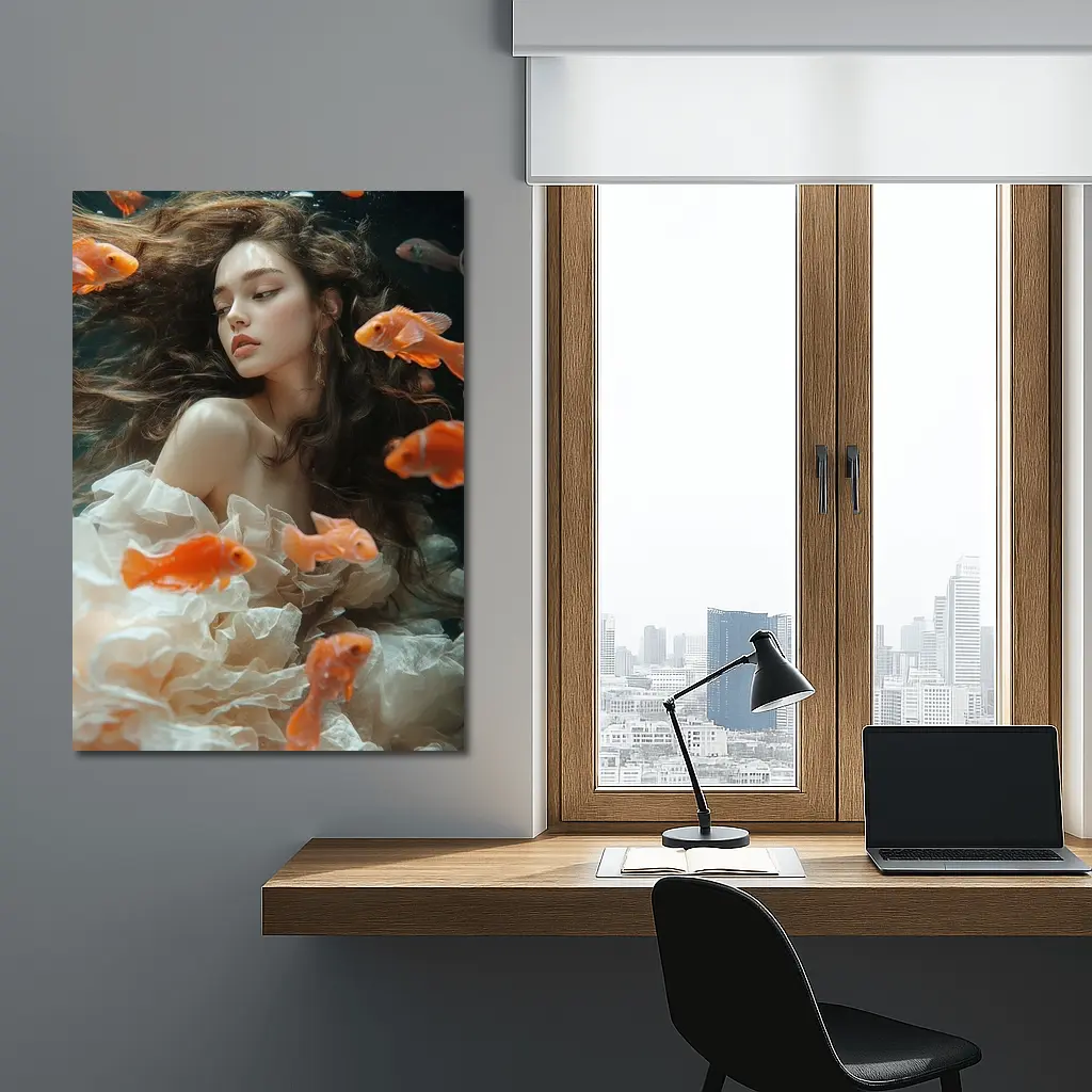 Woman Underwater Surrounded By Orange Goldfish – Wall Art