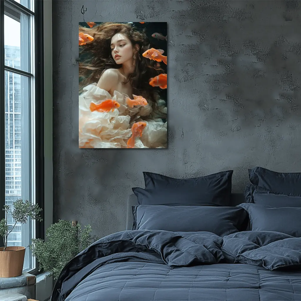 Woman Underwater Surrounded By Orange Goldfish – Wall Art
