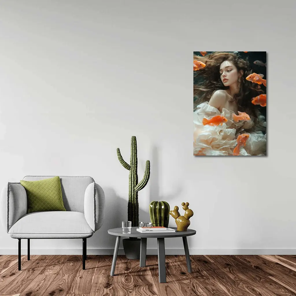 Woman Underwater Surrounded By Orange Goldfish – Wall Art