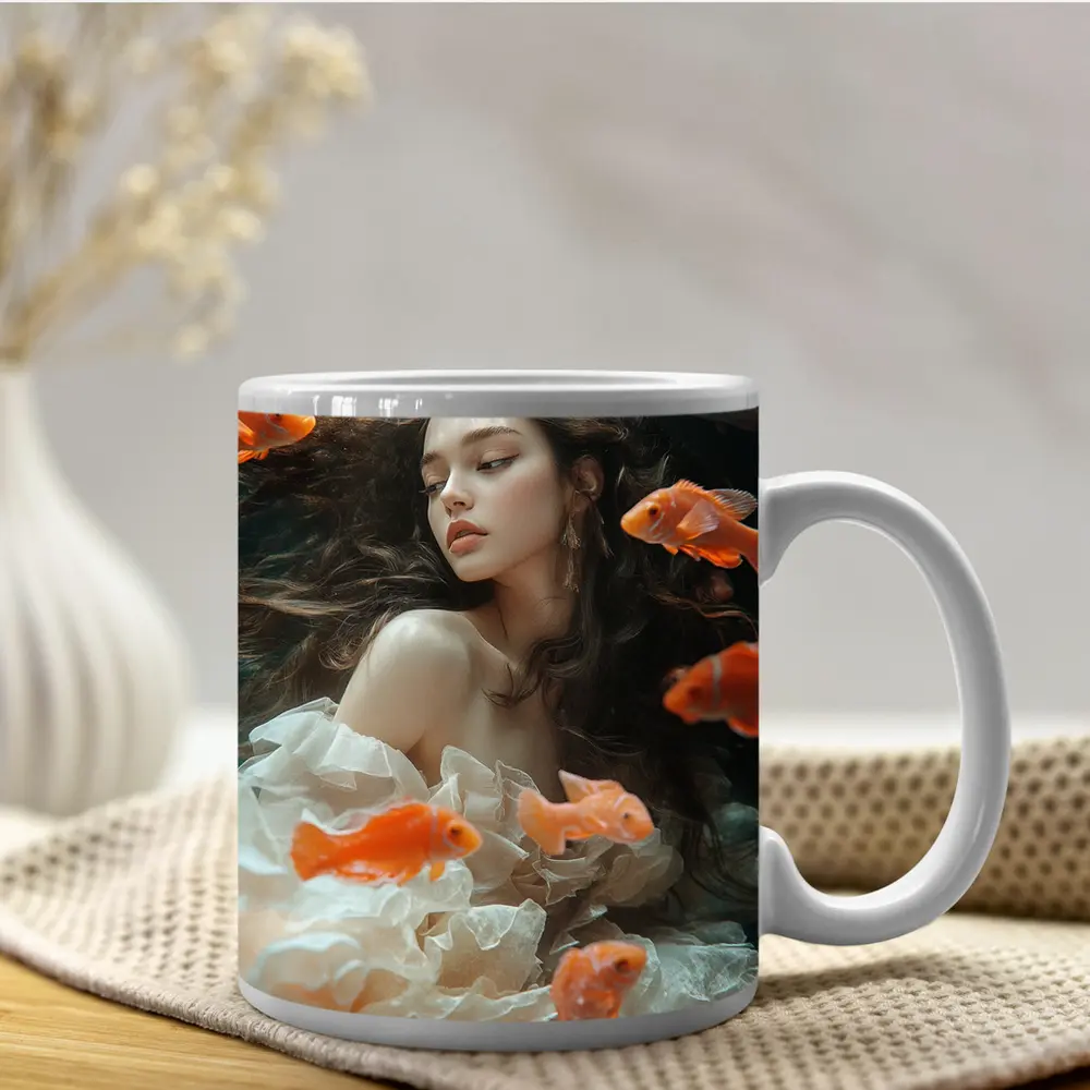 Woman Underwater Surrounded By Orange Goldfish – Mugs