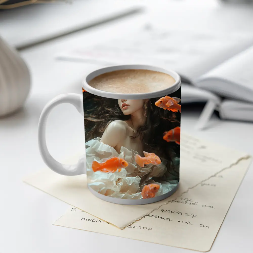 Woman Underwater Surrounded By Orange Goldfish – Mugs
