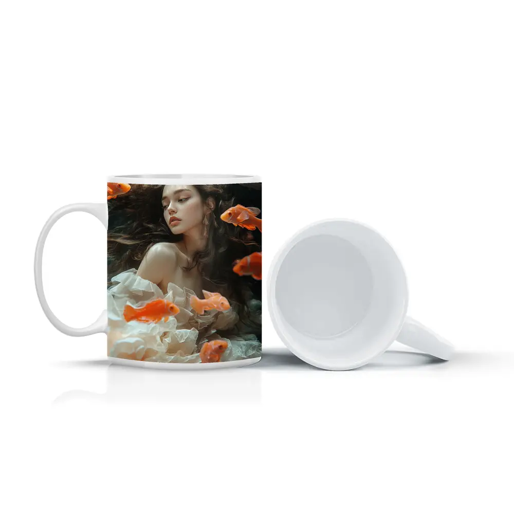 Woman Underwater Surrounded By Orange Goldfish – Mugs