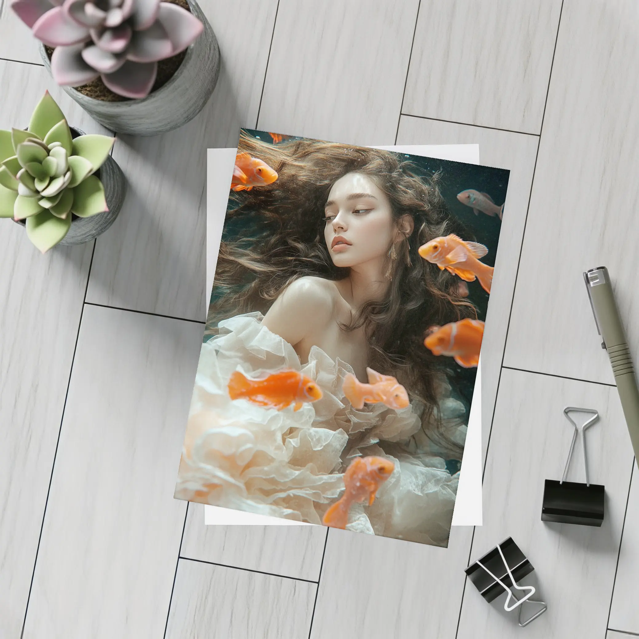 Woman Underwater Surrounded By Orange Goldfish – Postcards
