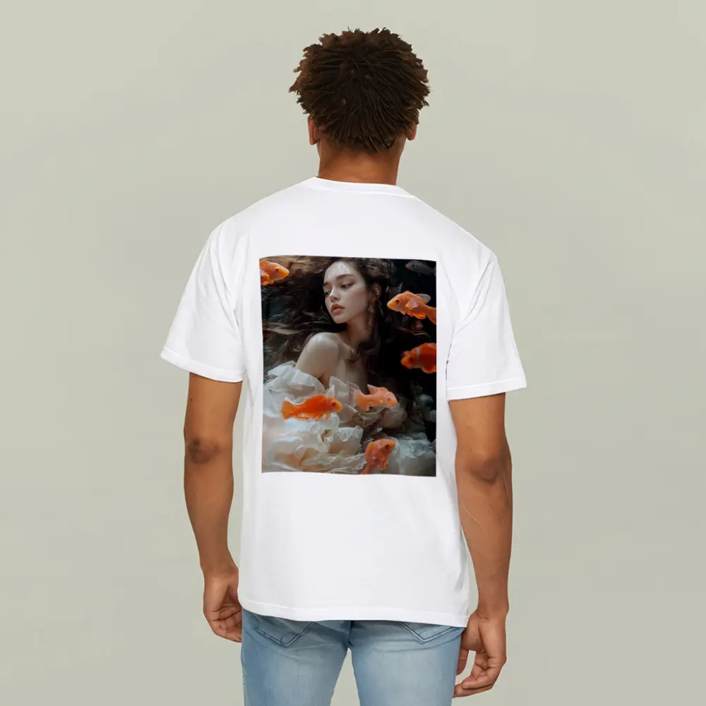 Woman Underwater Surrounded By Orange Goldfish – T-Shirts