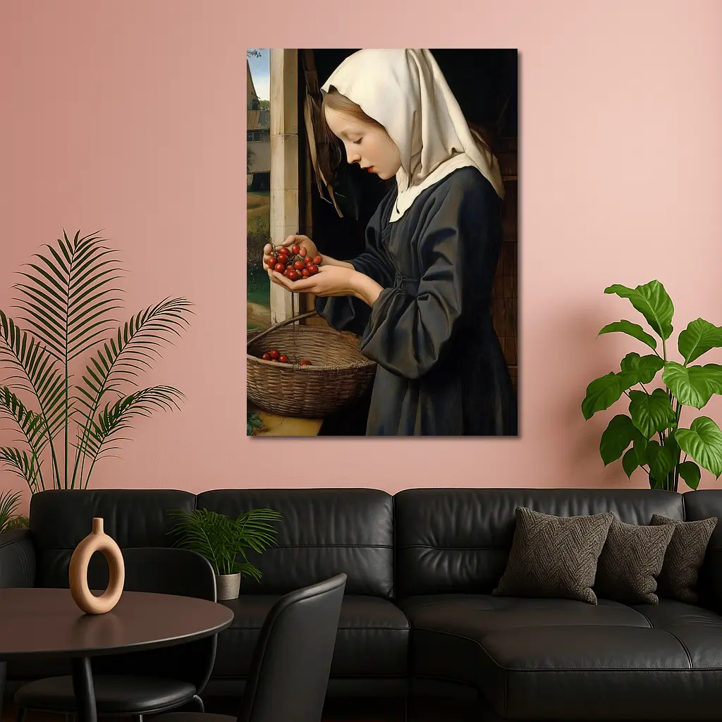 Young Nun Holding Cherries Renaissance Painting – Wall Art