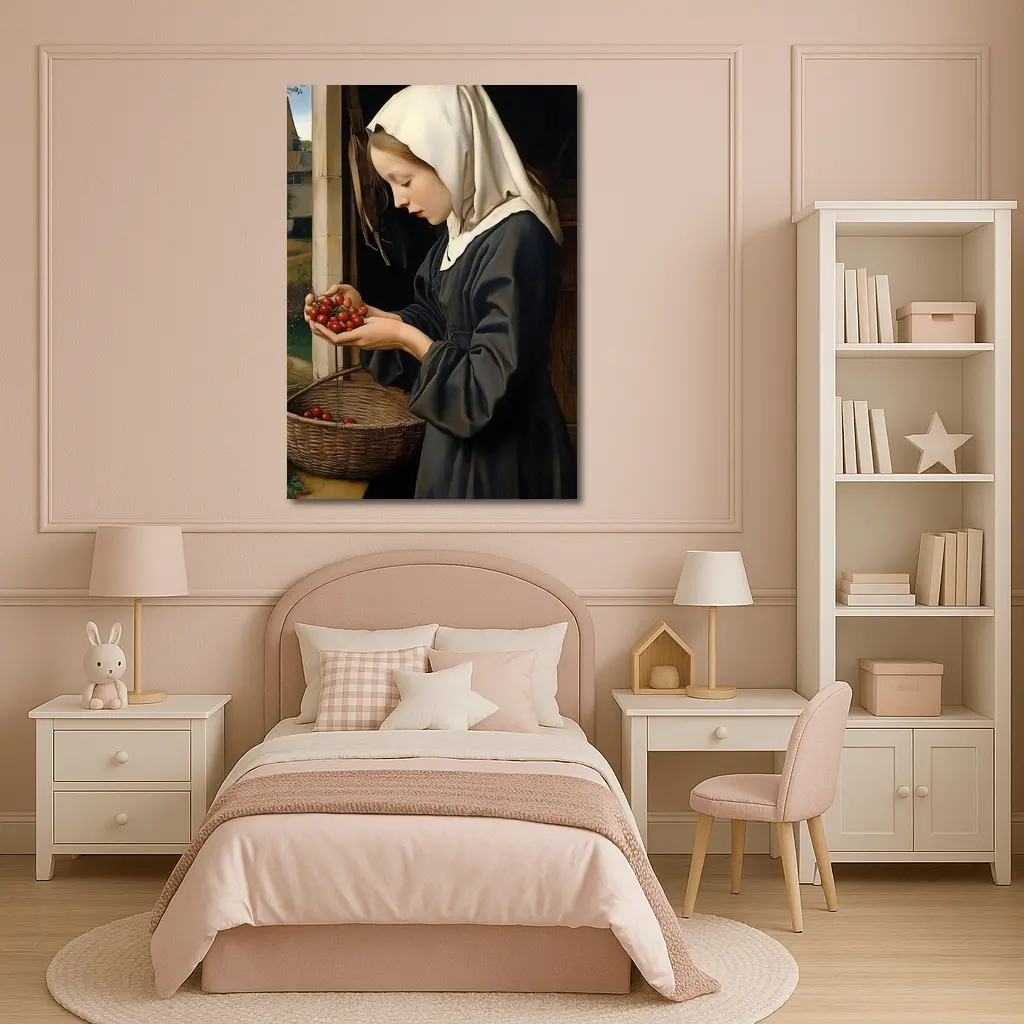 Young Nun Holding Cherries Renaissance Painting – Wall Art