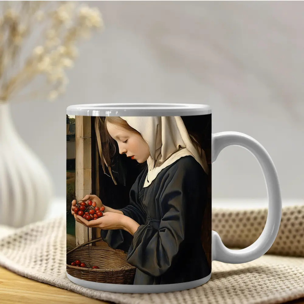 Young Nun Holding Cherries Renaissance Painting – Mugs