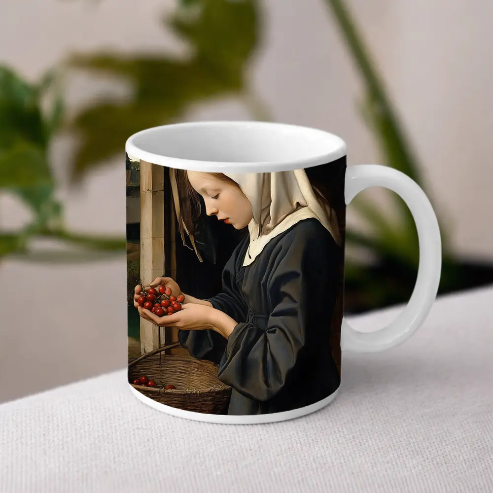 Young Nun Holding Cherries Renaissance Painting – Mugs