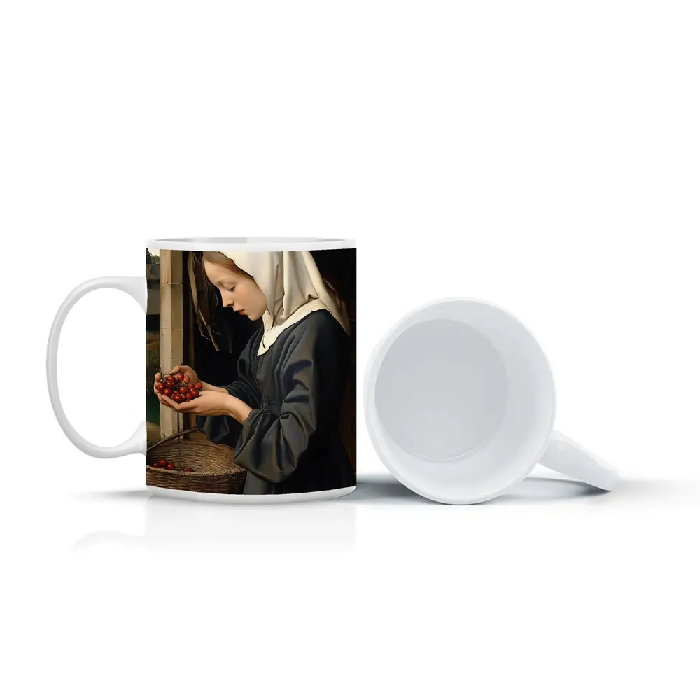 Young Nun Holding Cherries Renaissance Painting – Mugs